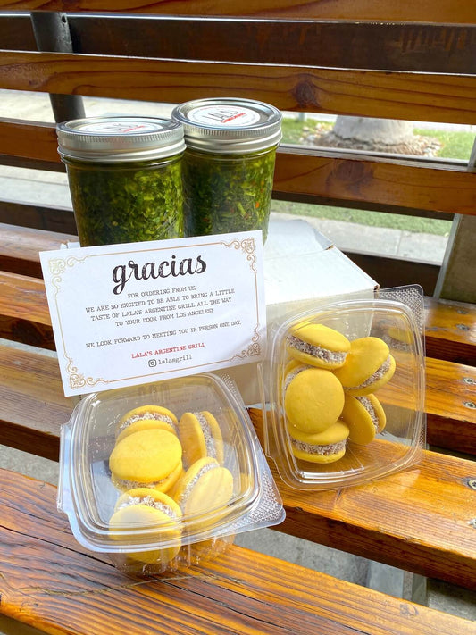 A set of LALA'S homemade chimichurri and alfajores maizena